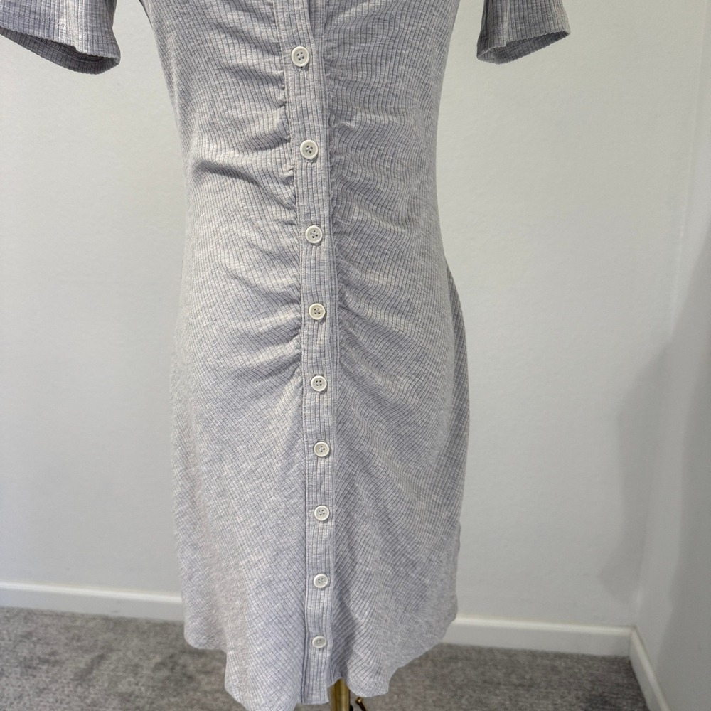Reformation Lennon Ribbed Ruched Button Front Collared Mini Dress Grey Small - Picture 3 of 8